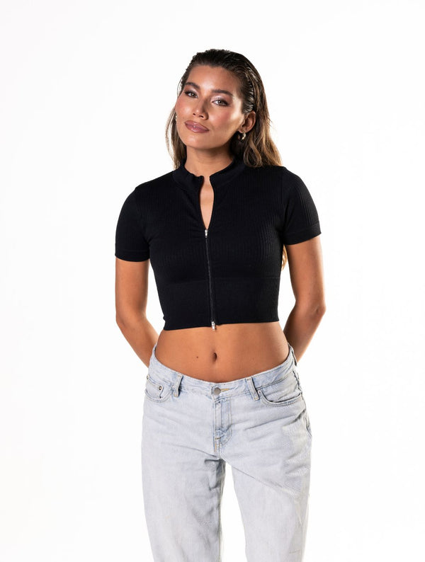 Dikişsiz Fitilli Fermuarlı Önü Kısa Kollu Crop Top