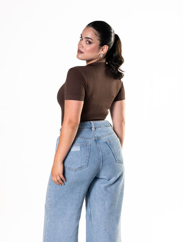 Dikişsiz Fitilli Fermuarlı Önü Kısa Kollu Crop Top